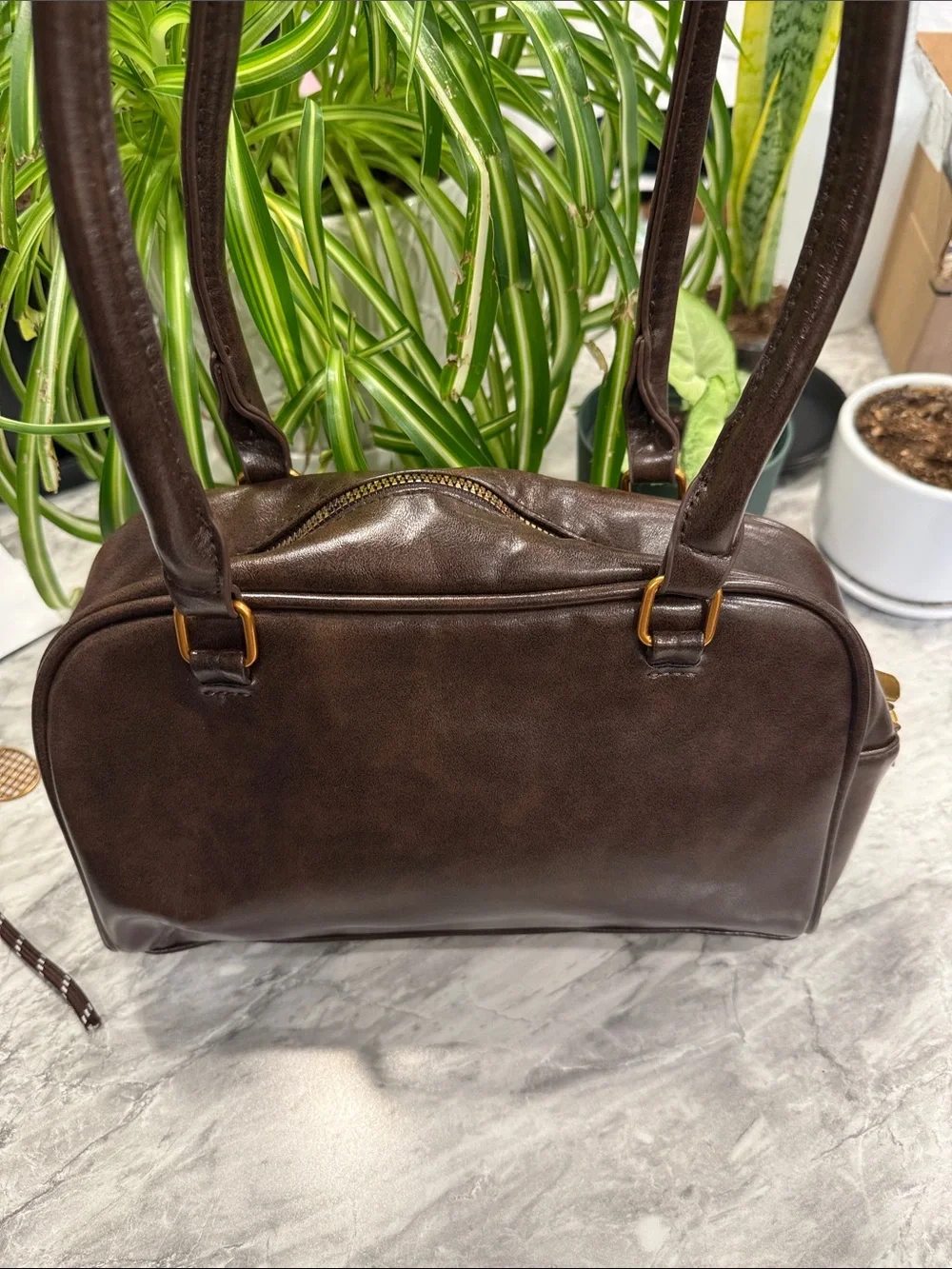 Brown Leather Double-Pocket Shoulder Bag